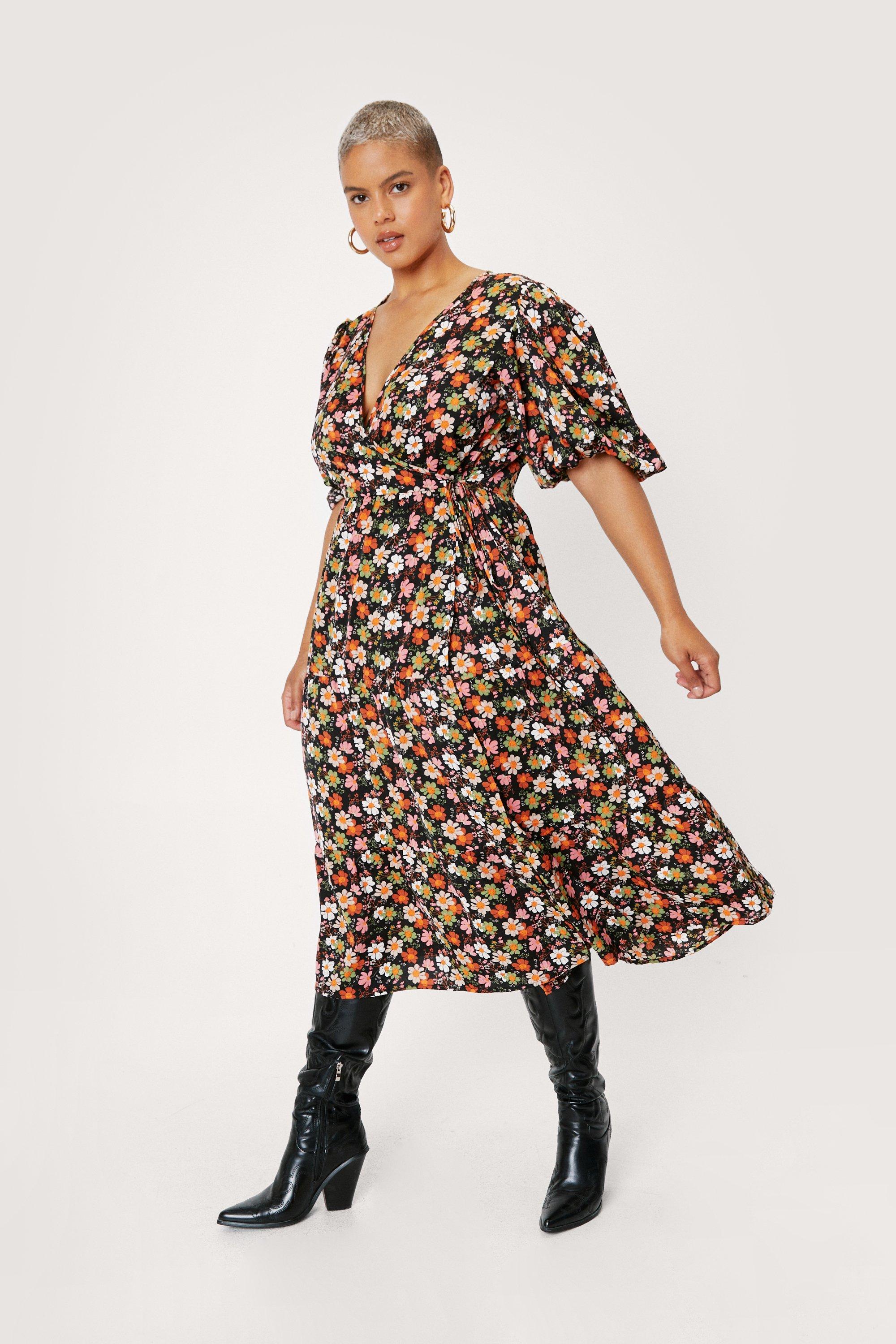 Plus Size 70's Floral Midi Smock Dress