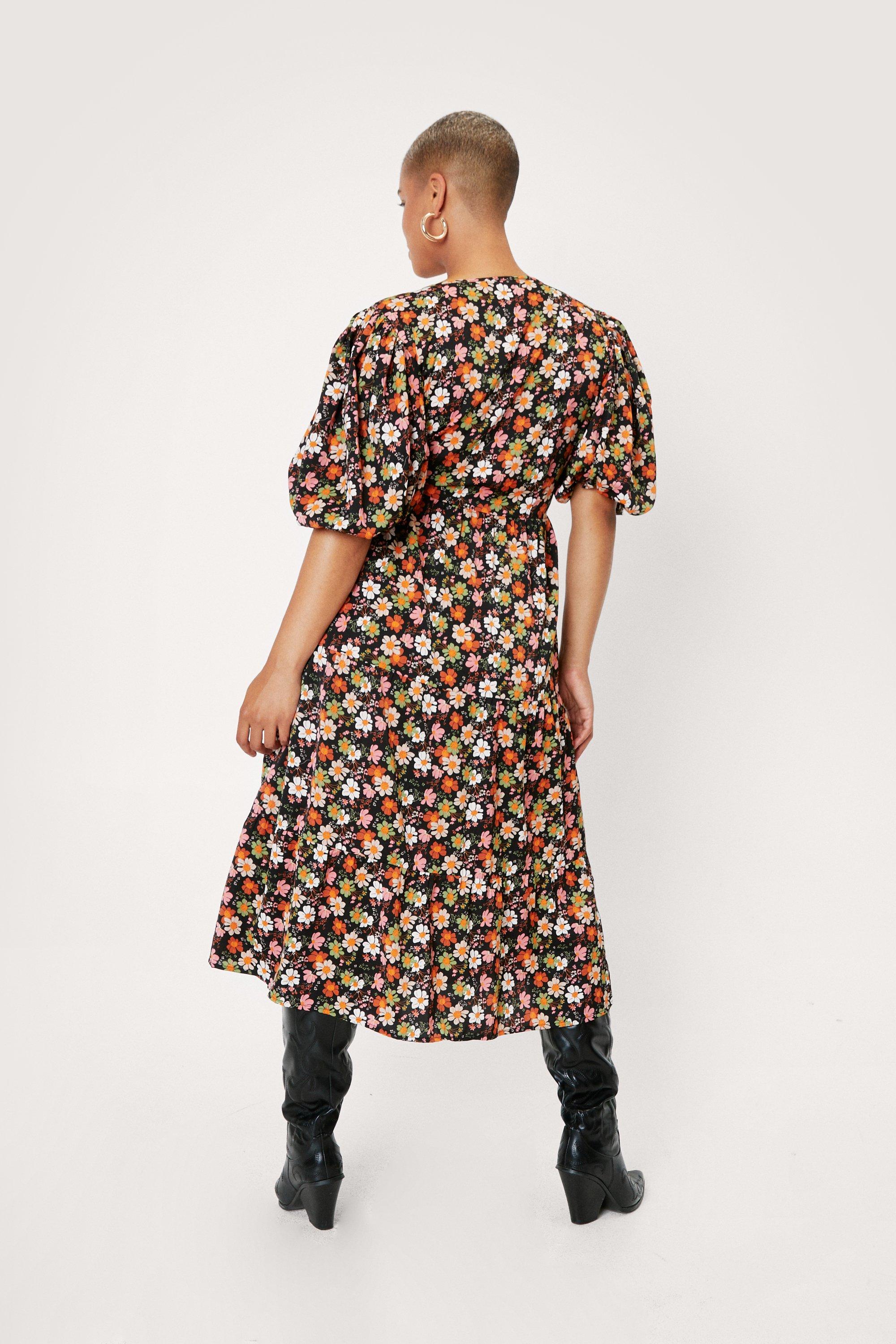 Plus Size 70's Floral Midi Smock Dress