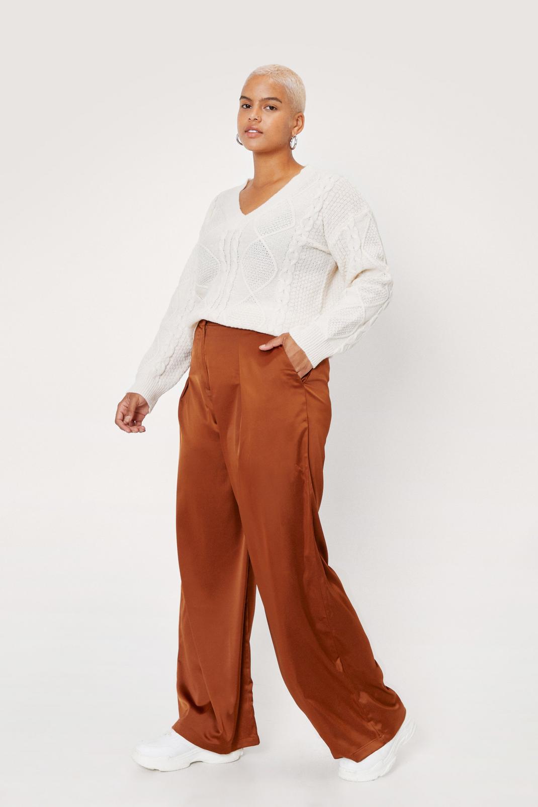 Rust Plus Size Pleat Front Satin Wide Leg Trousers image number 1