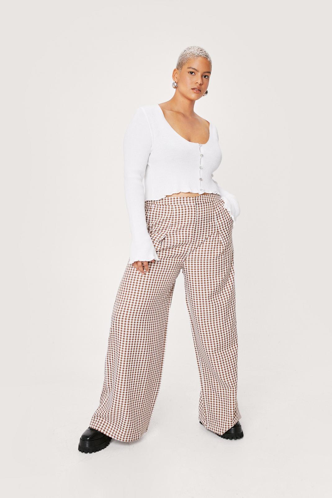 Chocolate Plus Size Brown Check Wide Leg Trouser image number 1