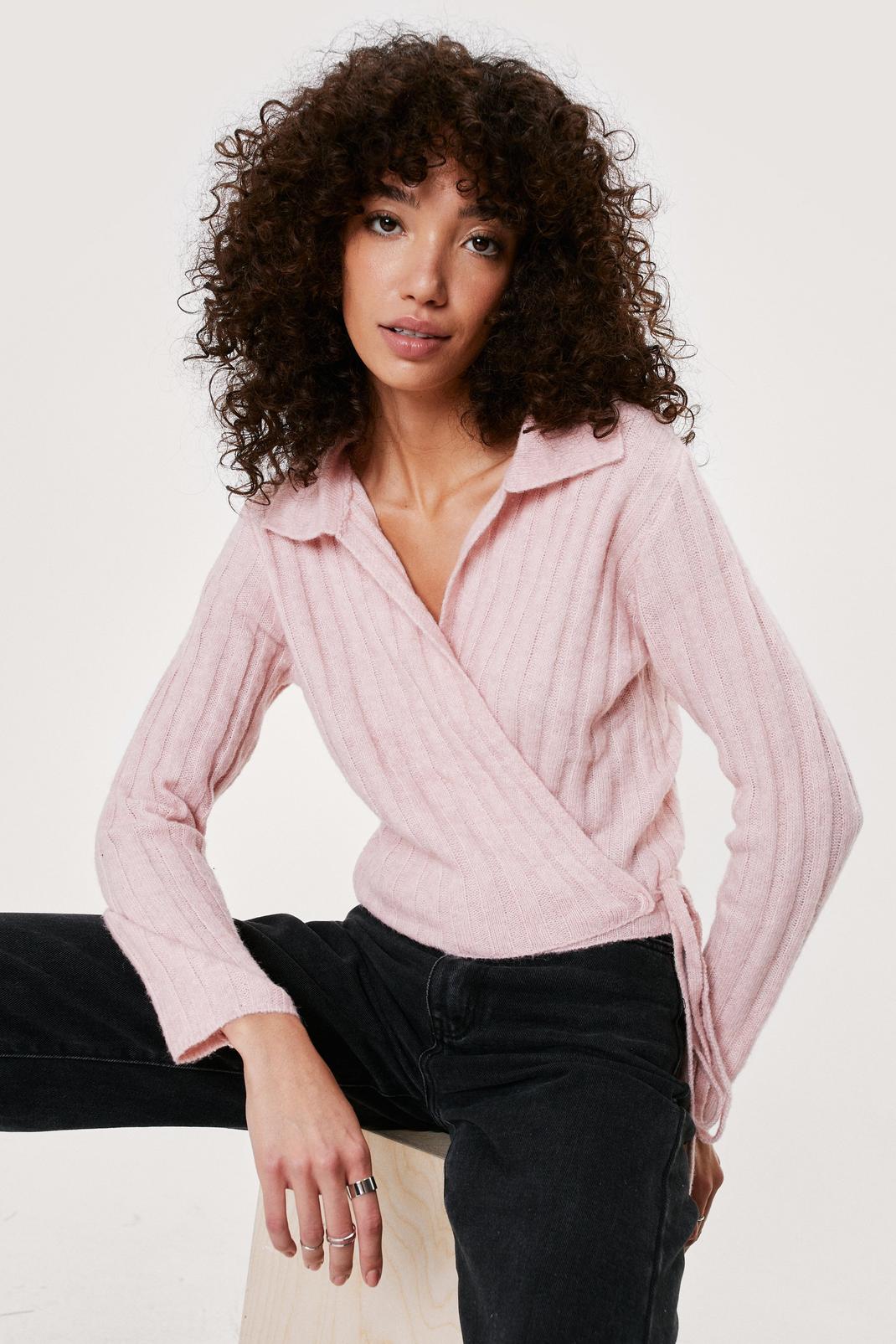 Pink Wide Ribbed Collar Tie Knitted Jumper image number 1