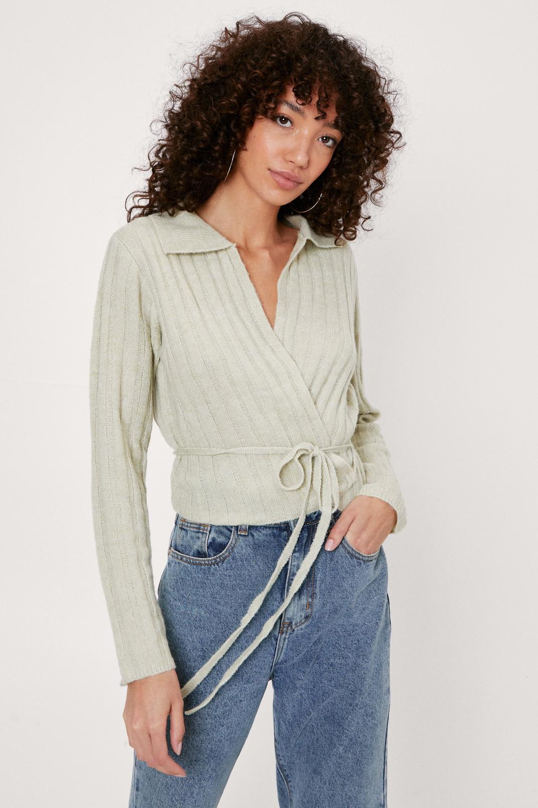 Pistachio Wide Ribbed Collar Tie Knitted Sweater image number 1
