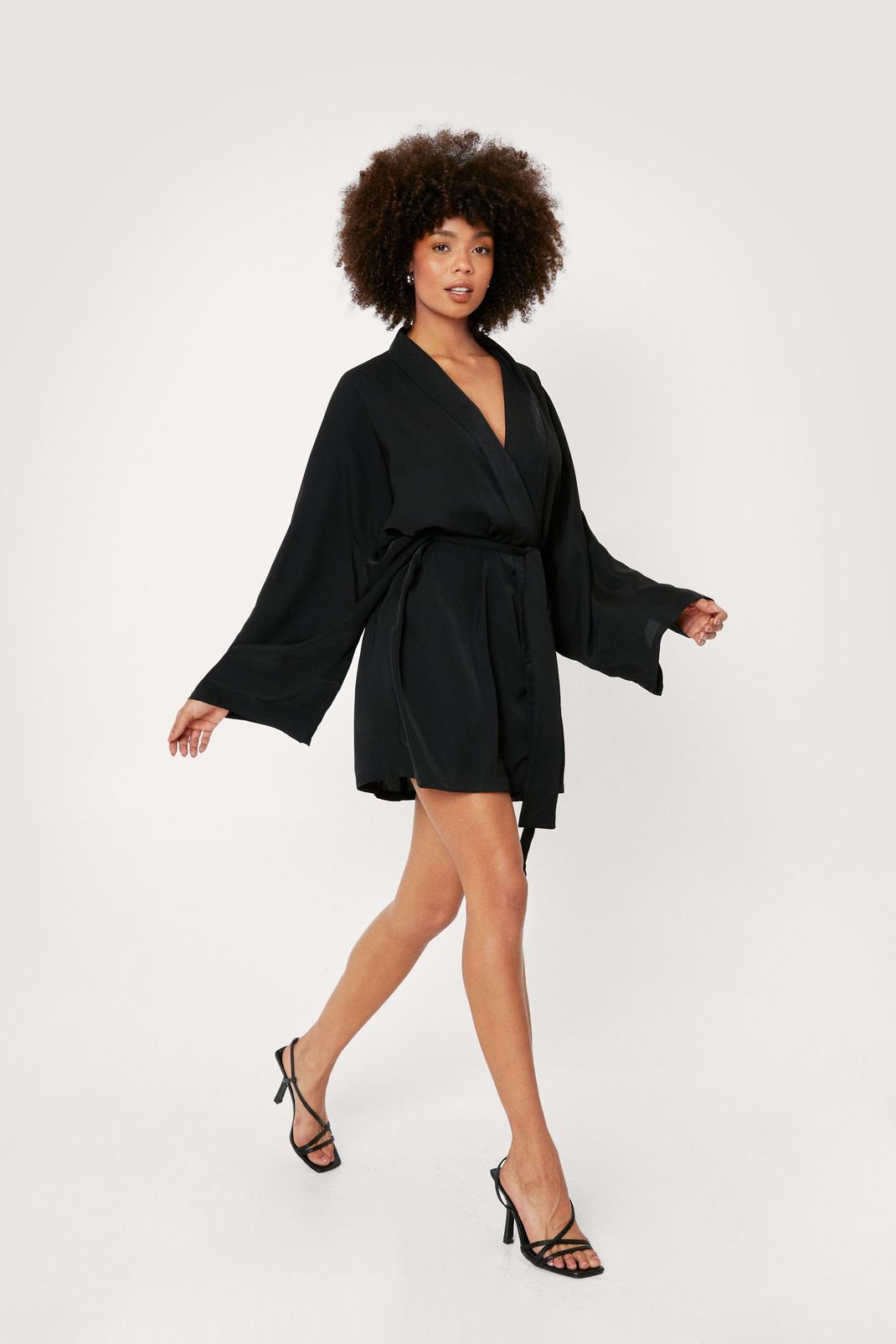 Black Kimono Sleeve V Neck Wrap Mini Dress image number 1