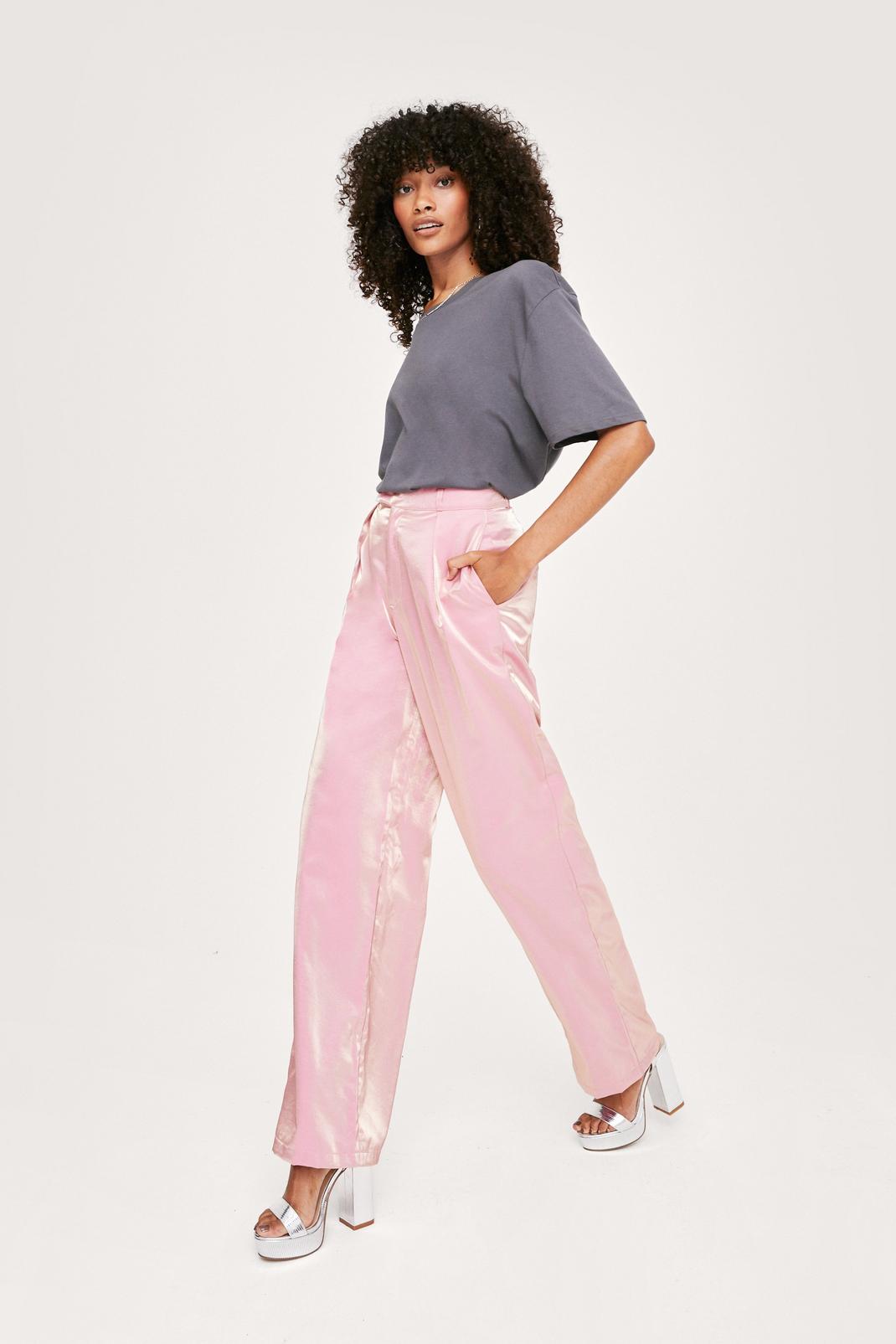 Baby pink Pleated Satin Shimmer Finish Wide Leg Pants image number 1