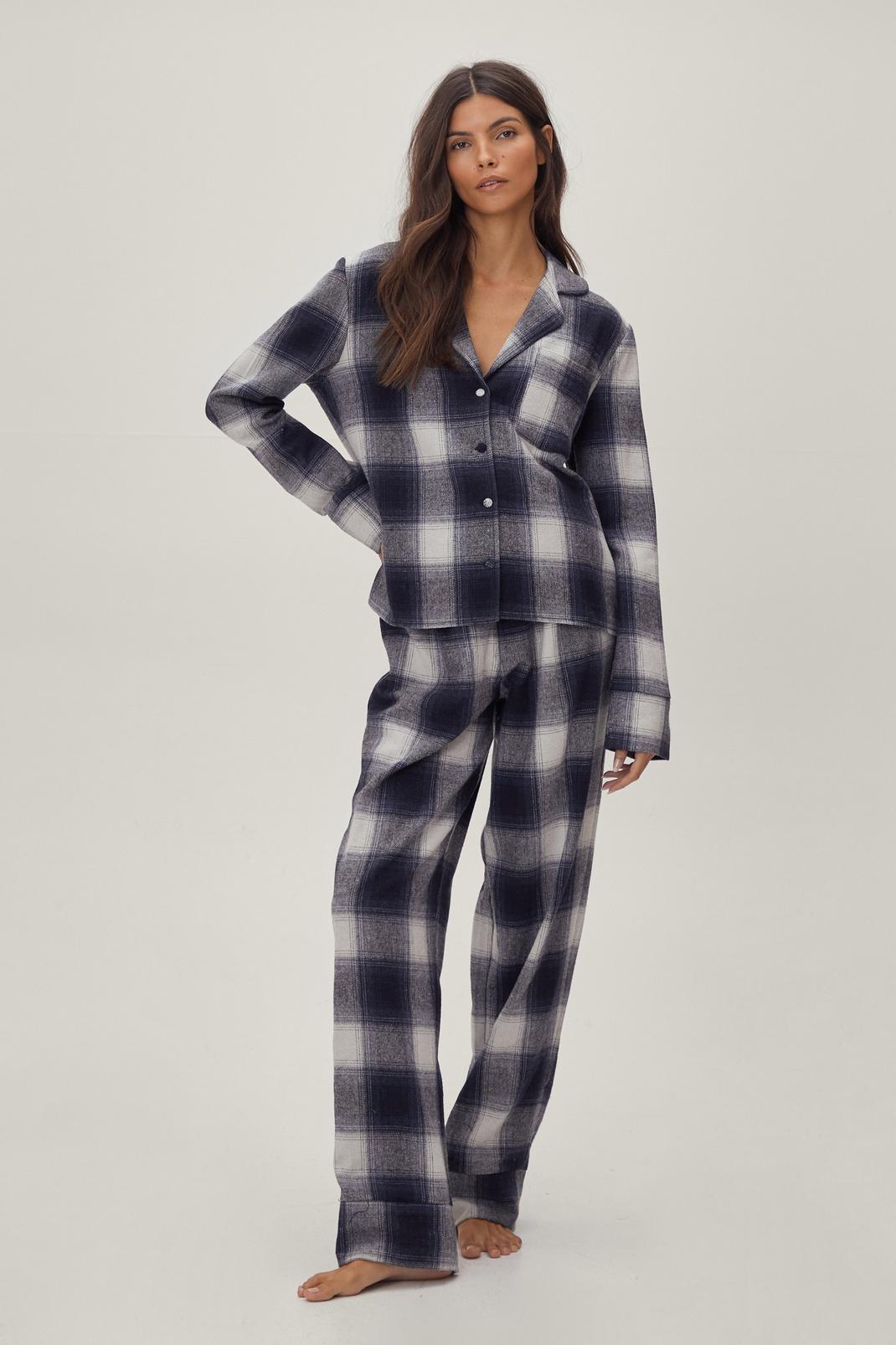 Navy Brushed Check Button Down Shirt and Pyjama Set image number 1