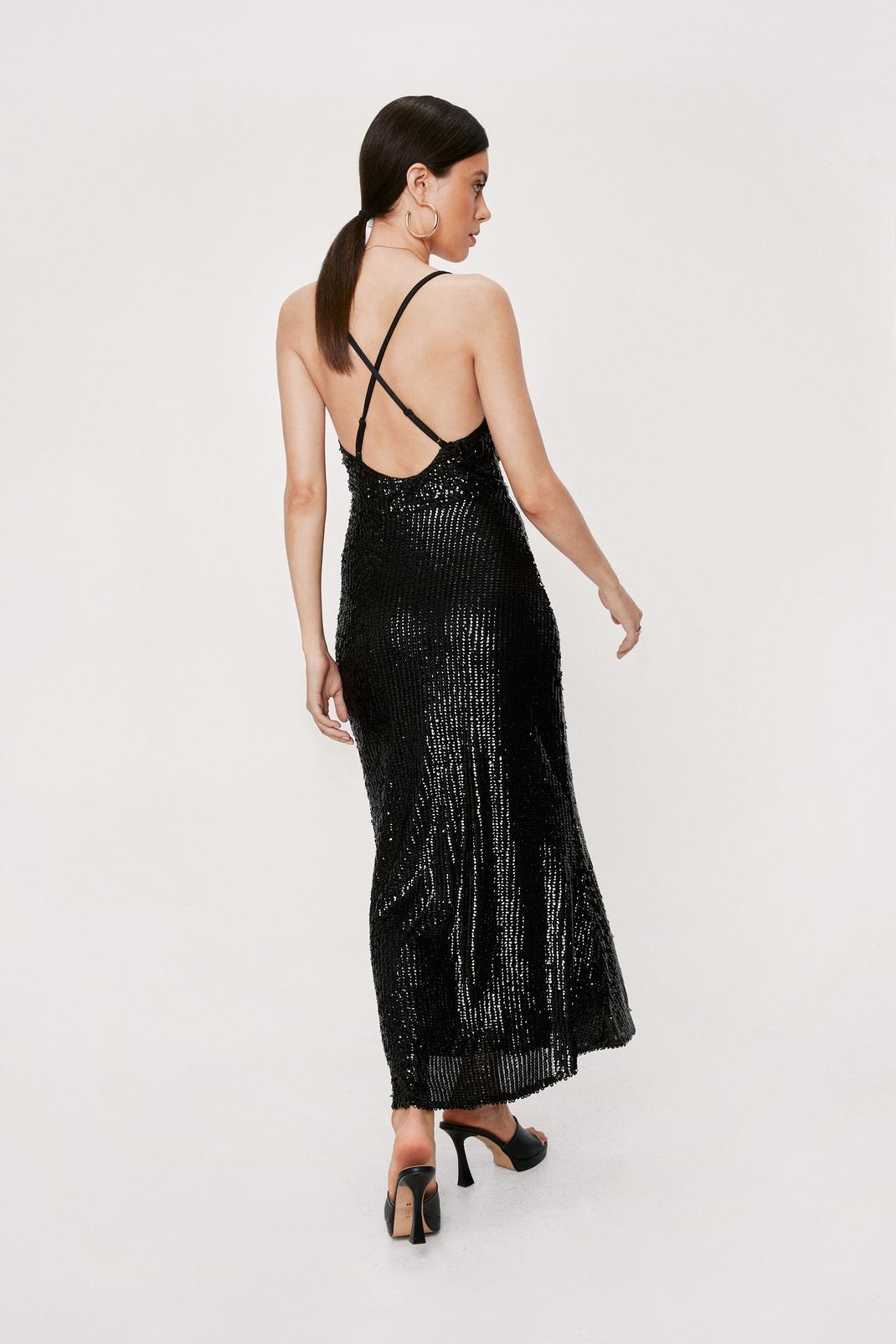 Black Sequin Cowl Midi Slip Dress image number 1