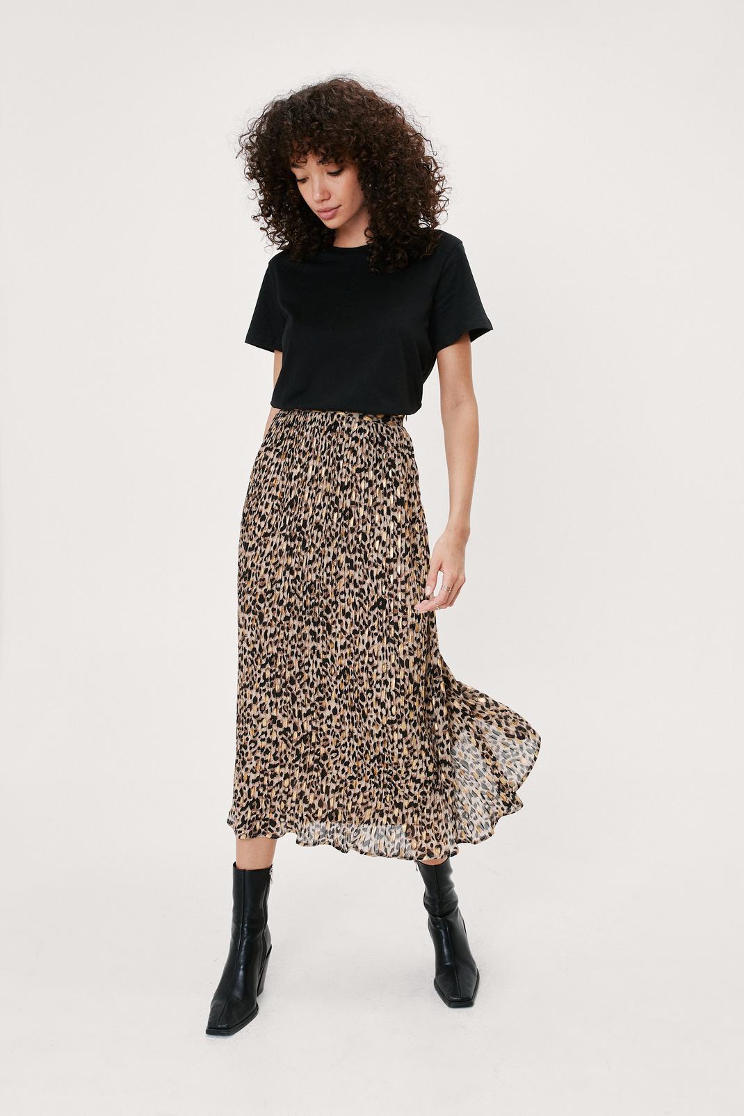 Brown Chiffon Animal Pleated Midi Skirt image number 1