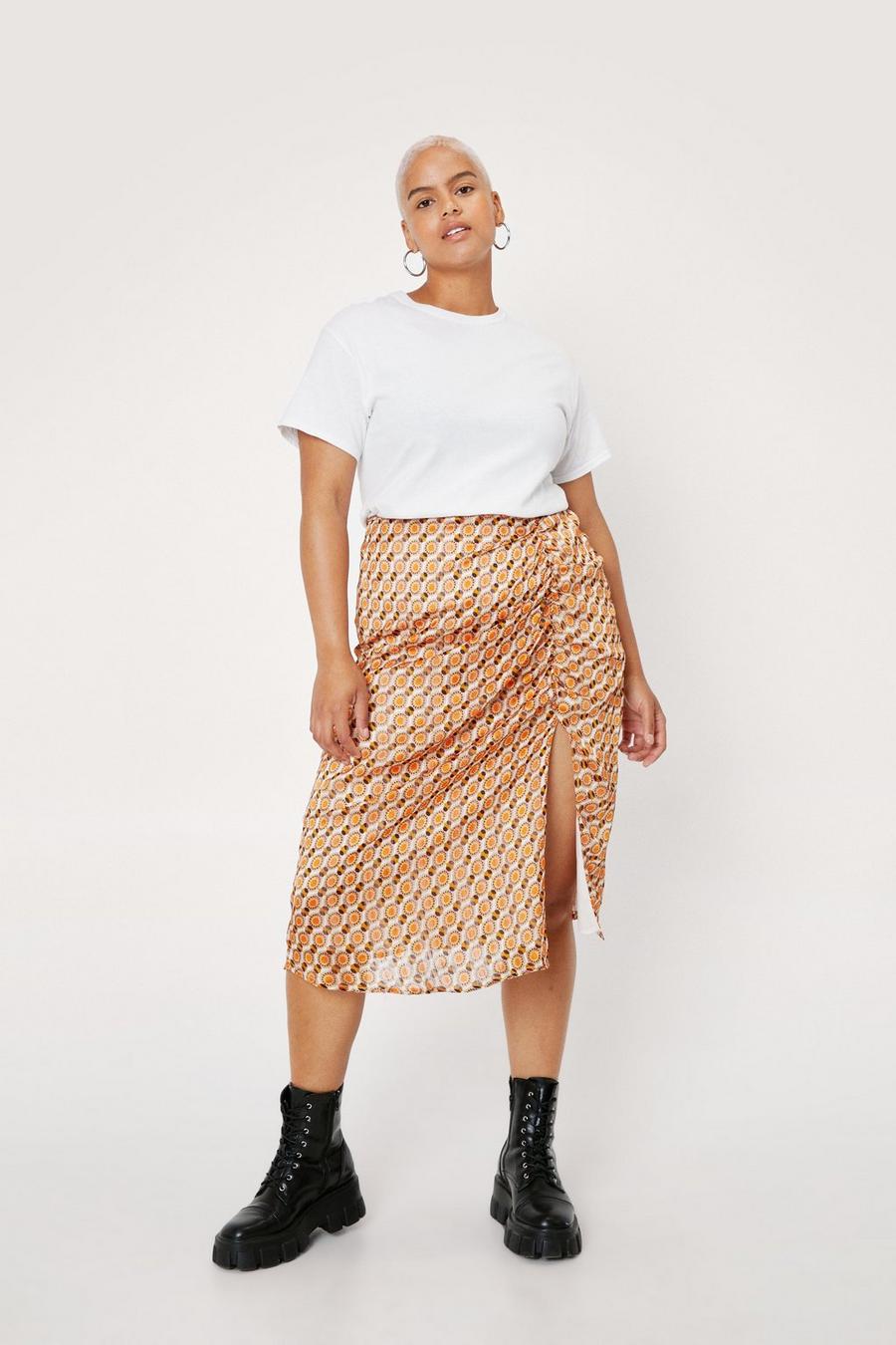 Plus Size Retro Print Rouch Side Midi Skirt