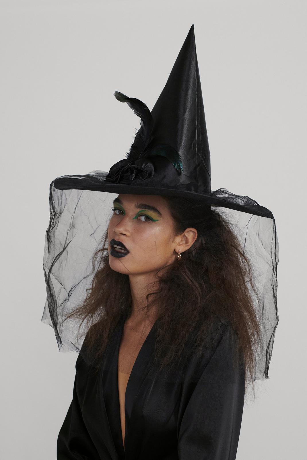 Chapeau de sorcière pointu à voile & plumes, Black image number 1