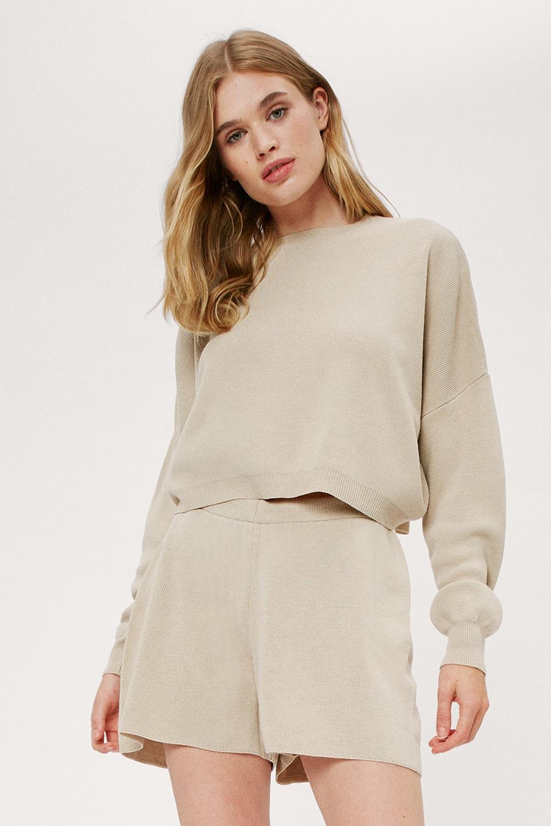 Oatmeal Knitted Crew Neck Sweater and Short Lounge Set image number 1