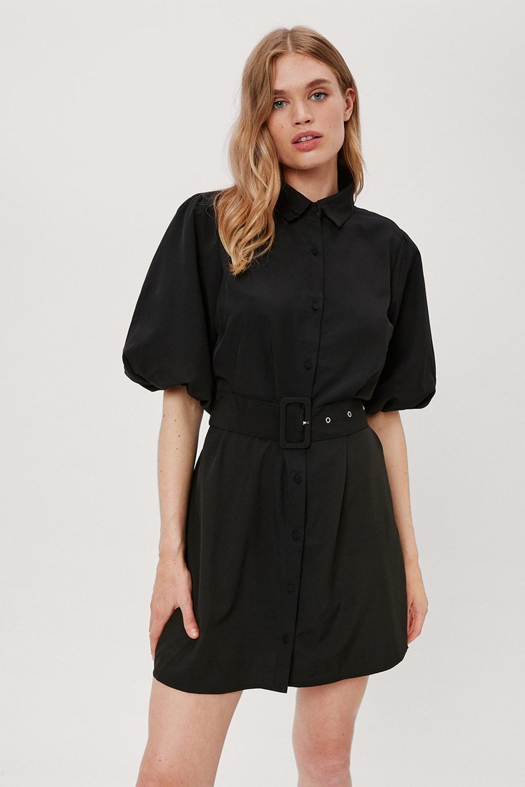 Black Puff Sleeve Belted Mini Shirt Dress image number 1