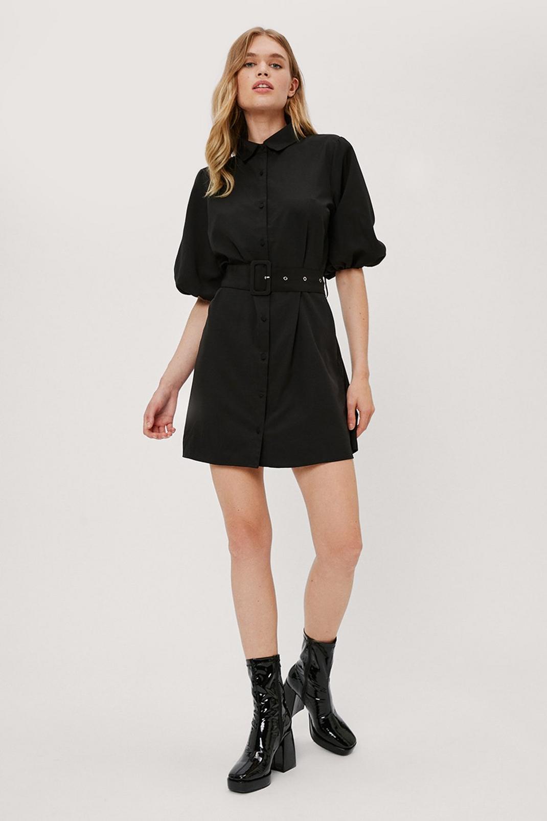 105 Puff Sleeve Belted Mini Shirt Dress image number 2