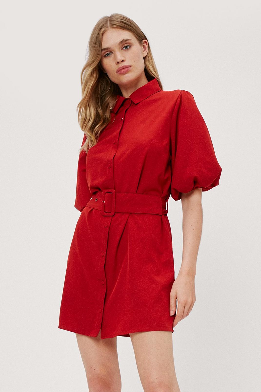 208 Puff Sleeve Belted Mini Shirt Dress image number 1