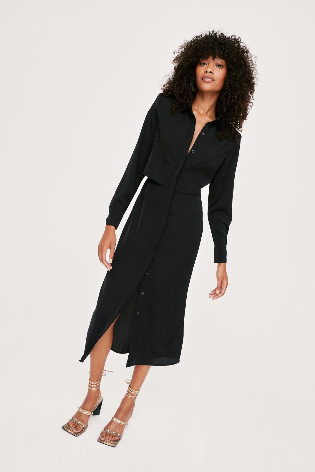 Black Belted Relaxed Long Sleeve Midi Shirt Dress image number 1