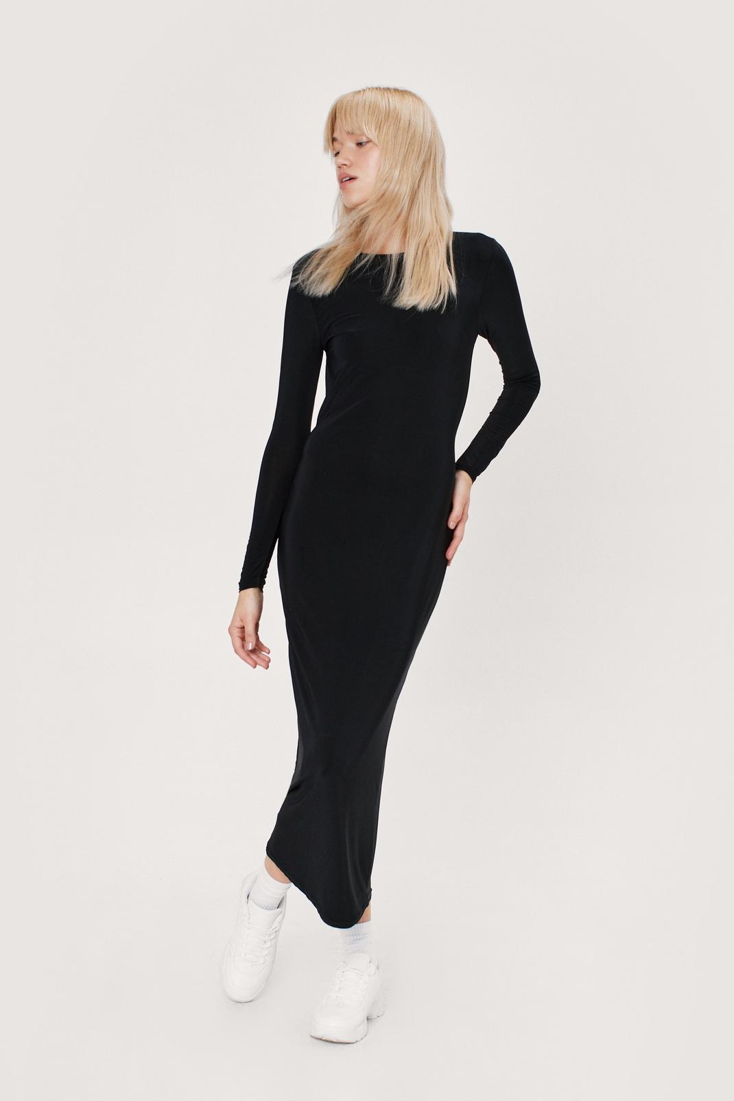 Black Slinky Open Back Long Sleeve Midi Dress image number 1