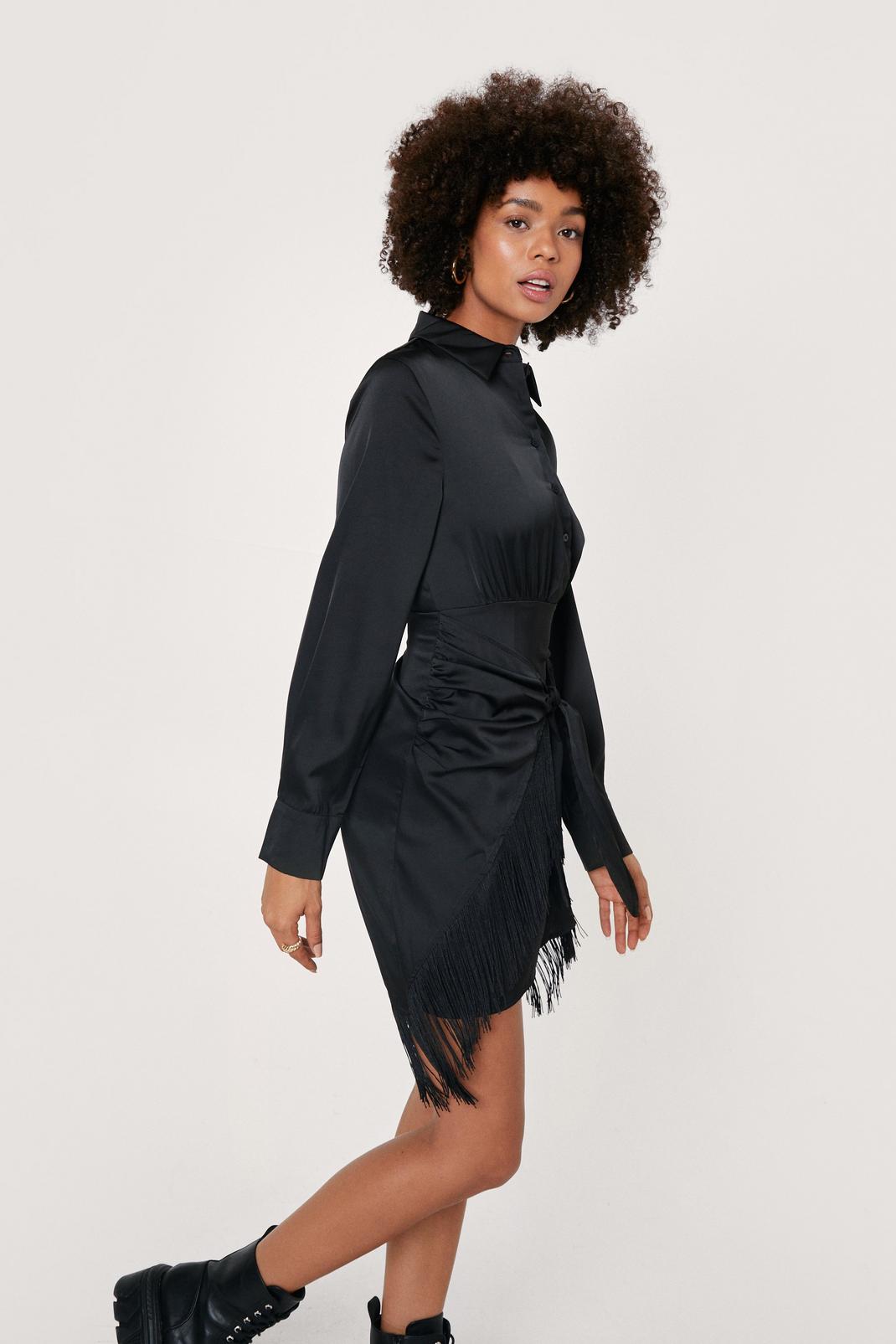 Black Fringed Skirt Tie Front Mini Shirt Dress image number 1