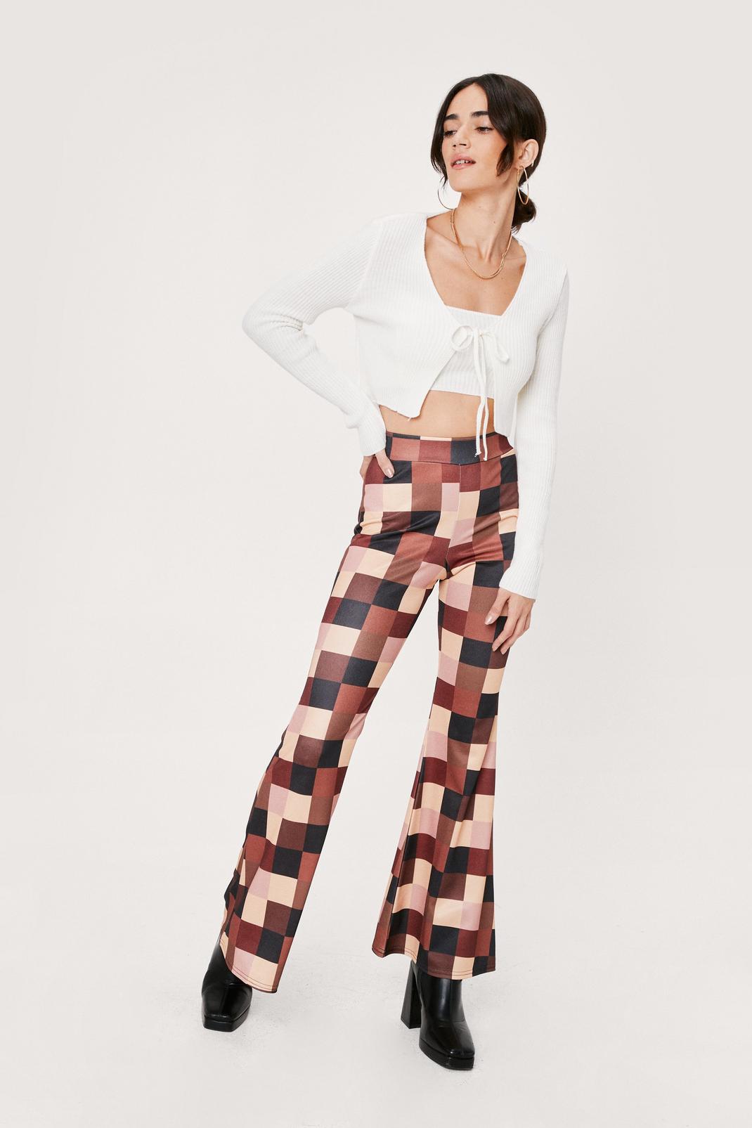 Brown Petite Checkerboard Flare Pants image number 1
