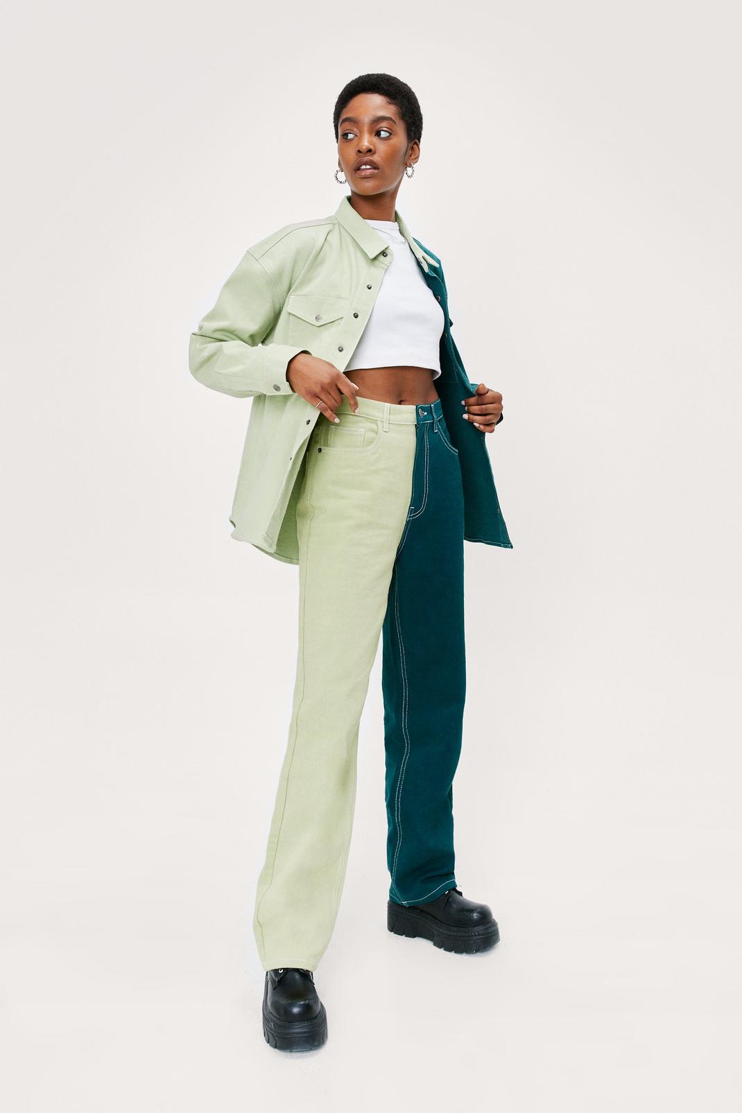 Jean droit bicolore en coton à taille haute, Green image number 1