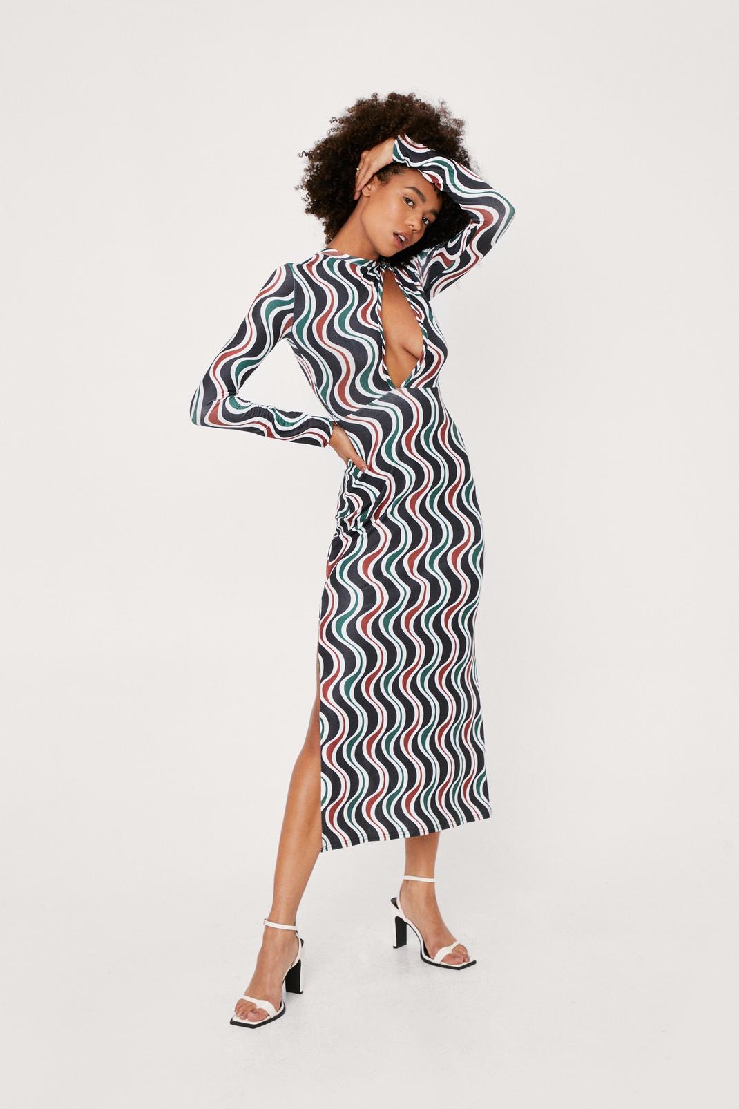 Wave Print Cut Out Plunge Midi Dress image number 1