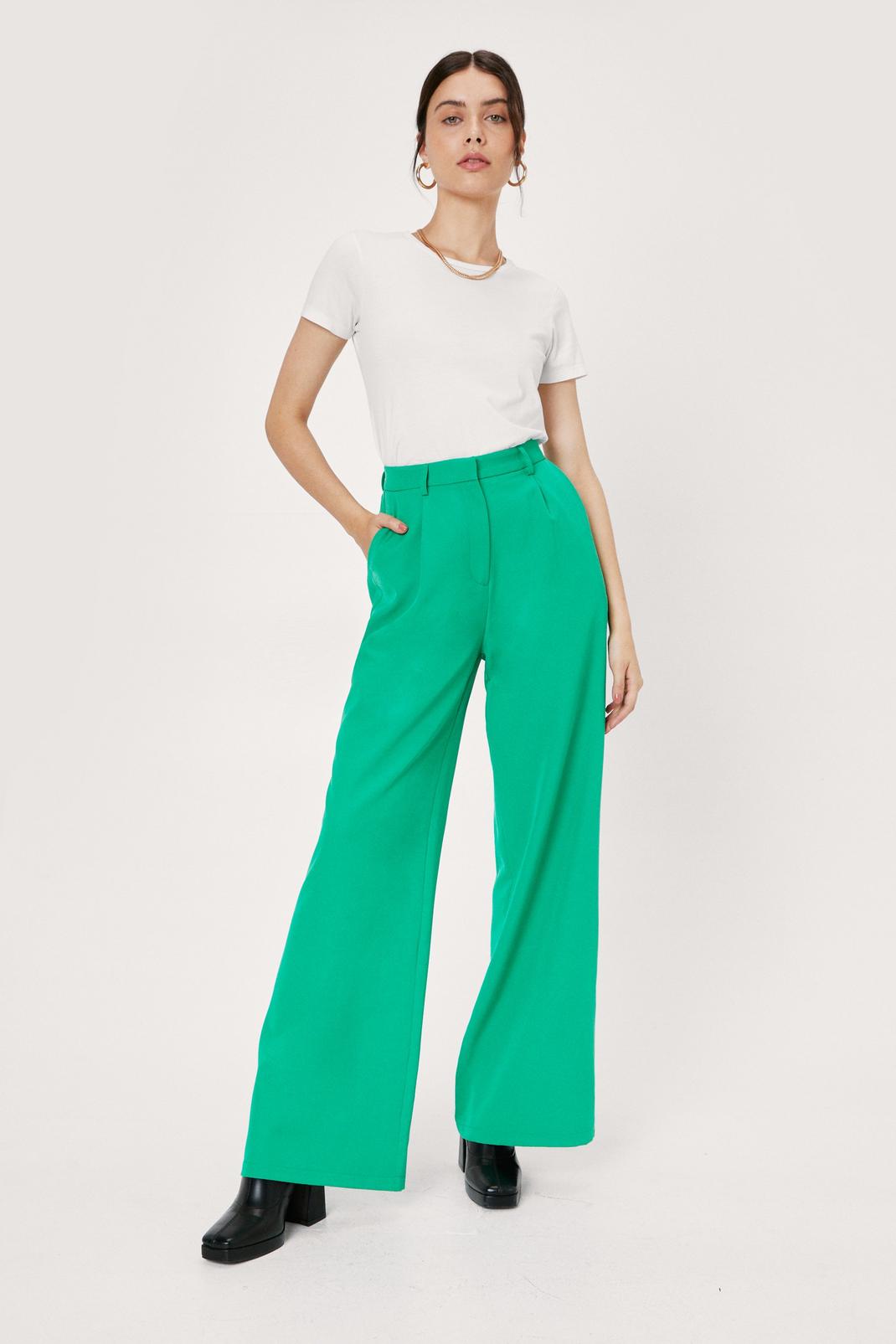 Bright green Pleated Wide Leg High Waisted Tailored Pants image number 1