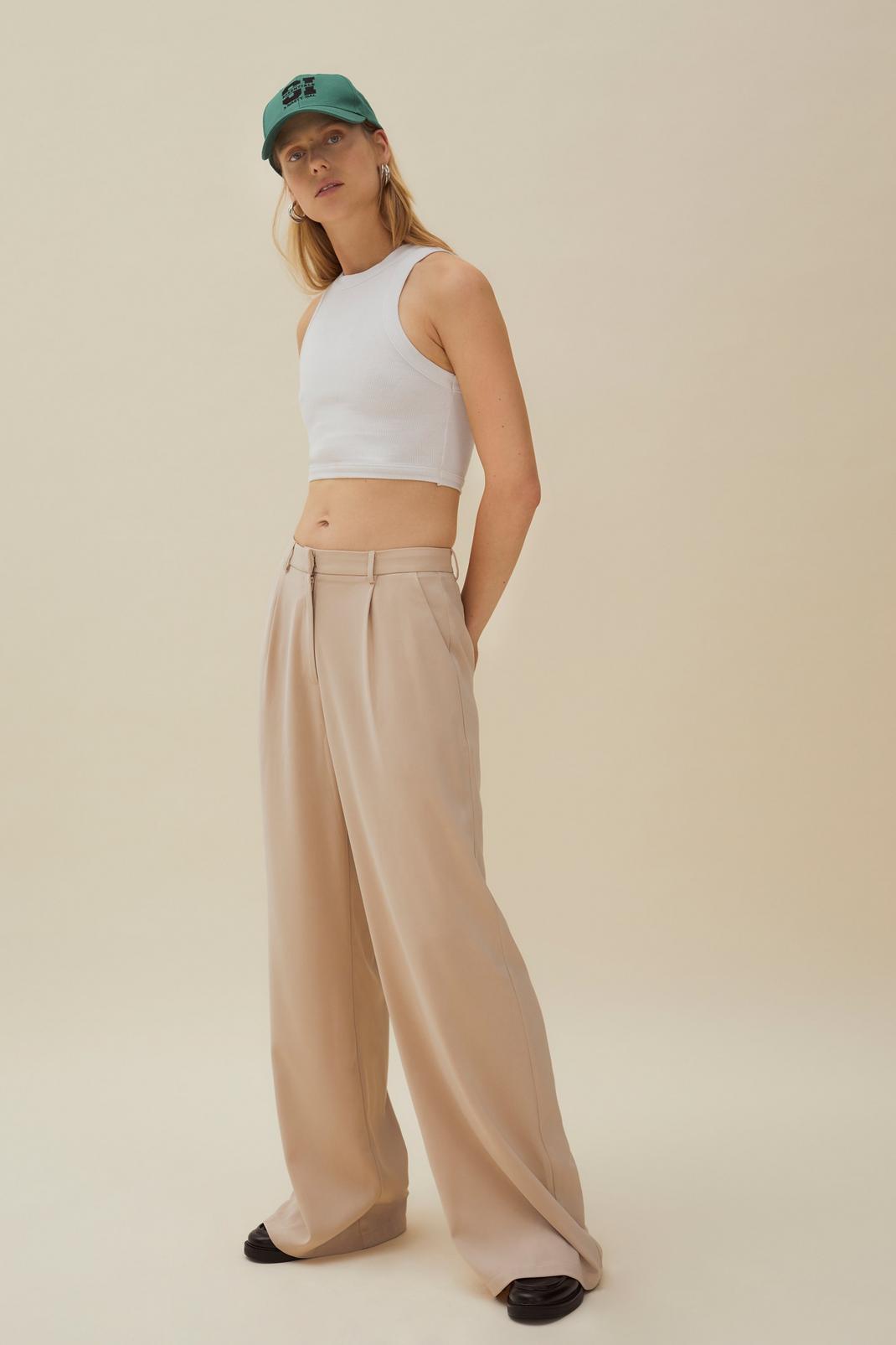Soft beige Pleated Wide Leg High Waisted Tailored Pants image number 1
