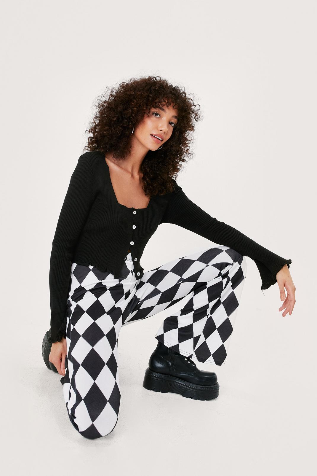 Black Harlequin Print High Waisted Flared Trousers image number 1