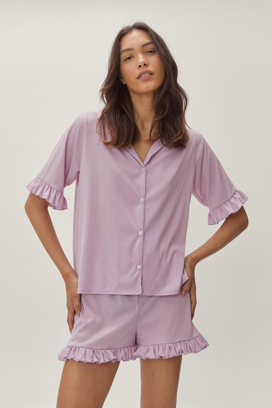 Recyclé - Pyjama côtelé chemise & short à détails volantés, Mauve image number 1