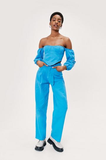 Blue Pleat Detail High Waisted Wide Leg Jeans