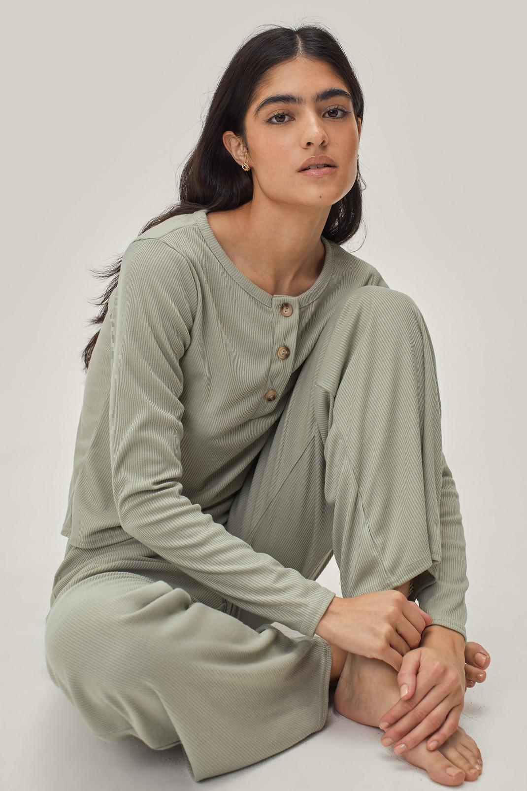 Sage Recycled Rib Button Pyjama Trouser Set image number 1