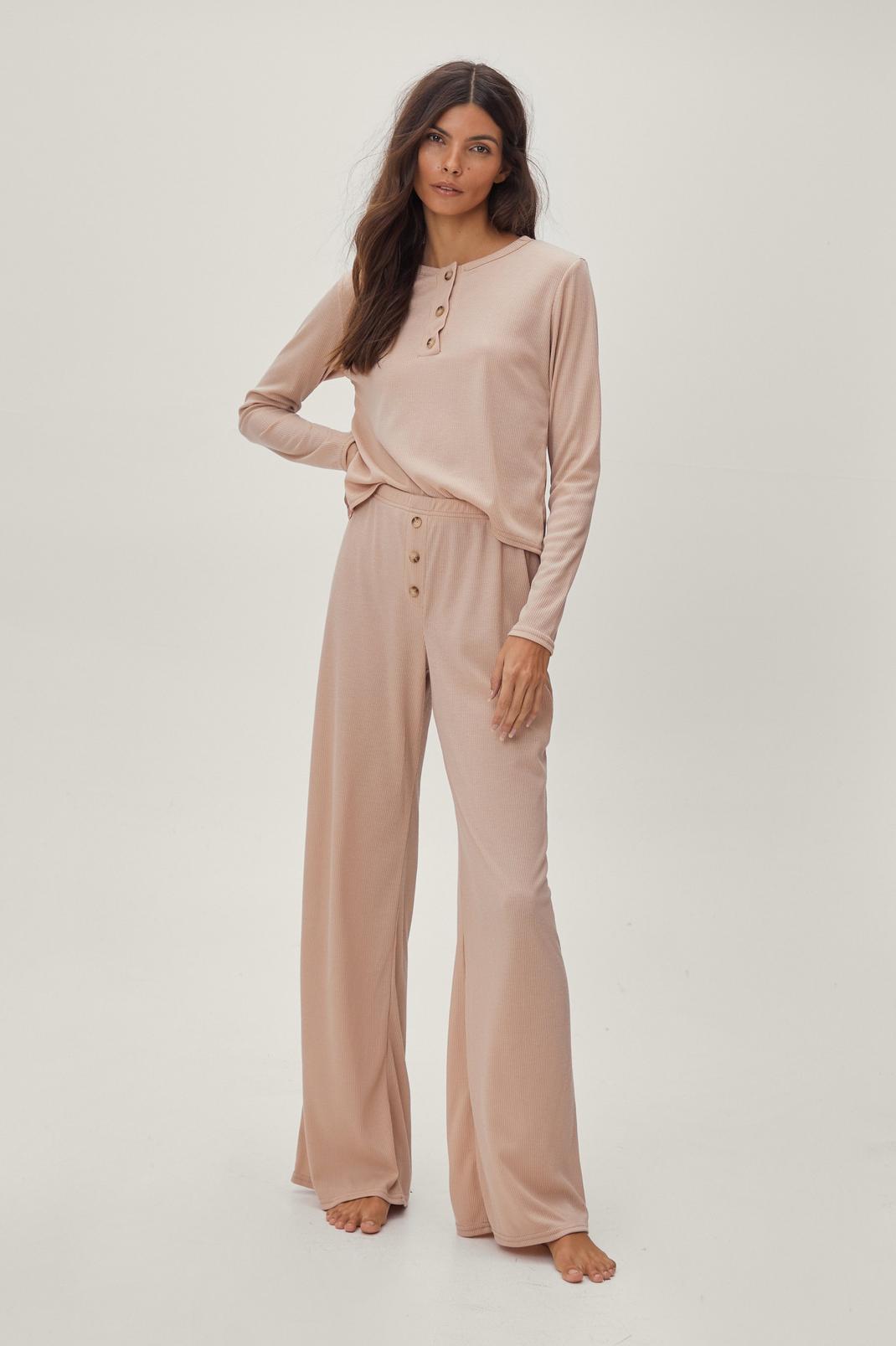 Stone  Ribbed Button Pyjama Trousers Set image number 1