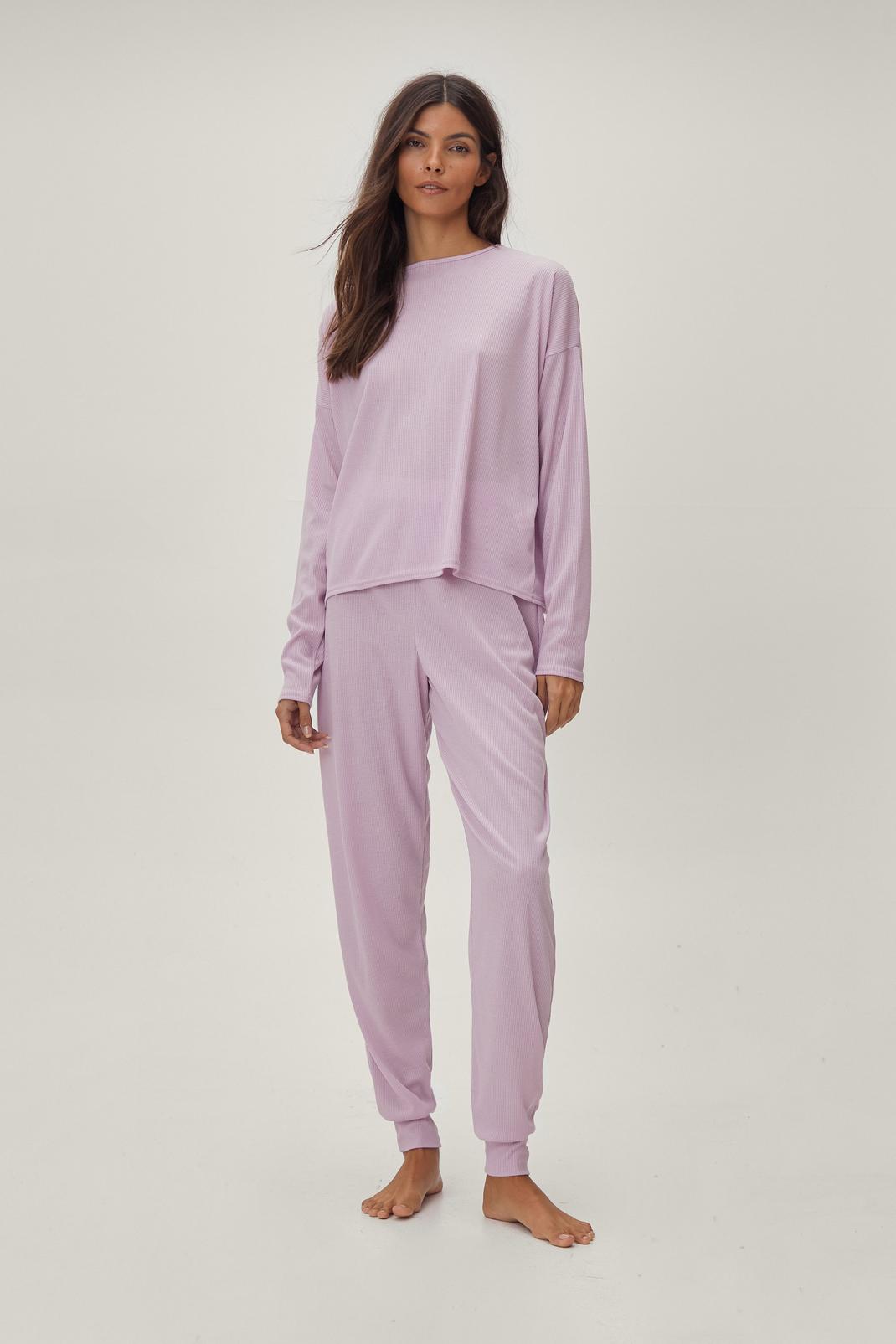 Mauve Rib Long Sleeve Pajama Sweatpants Set  image number 1