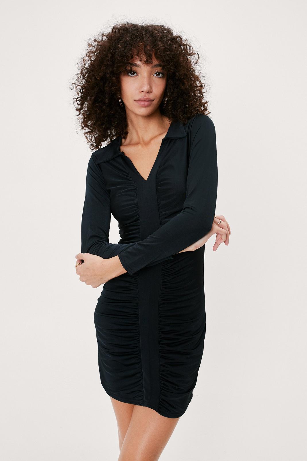 Black Ruched Front Bodycon Mini Dress image number 1