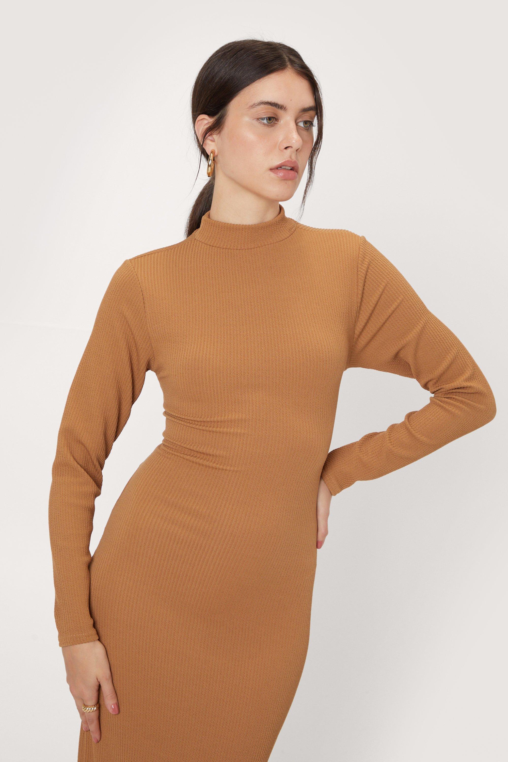 Orange Abstract Ribbed Long Sleeve Bodycon Dress