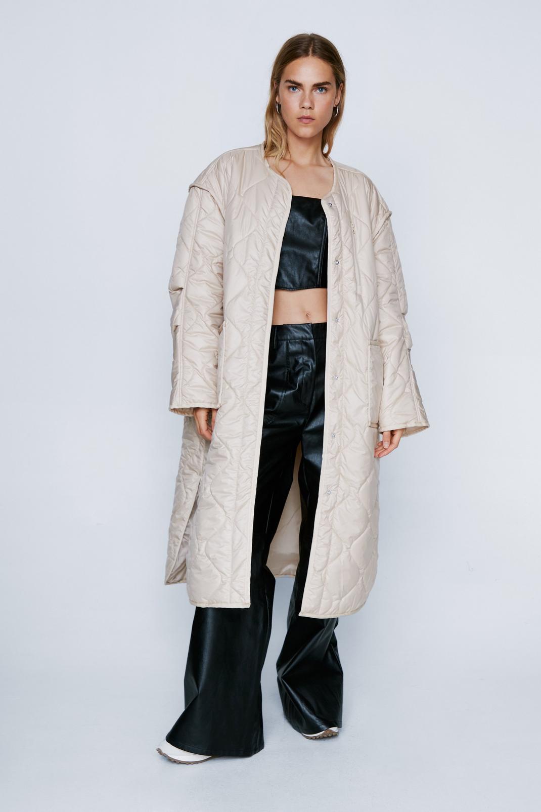 Beige Quilted Oversized Collarless Longline Jacket image number 1