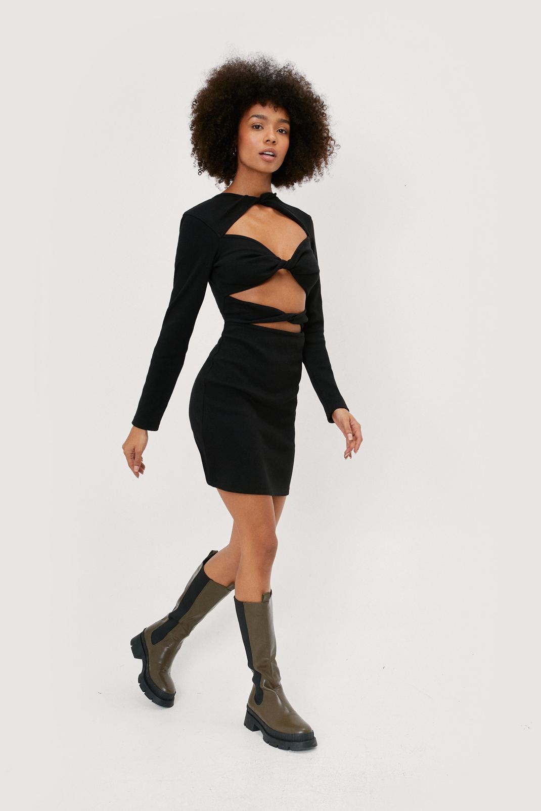 Black Twist Front Long Sleeved Bodycon Mini Dress image number 1