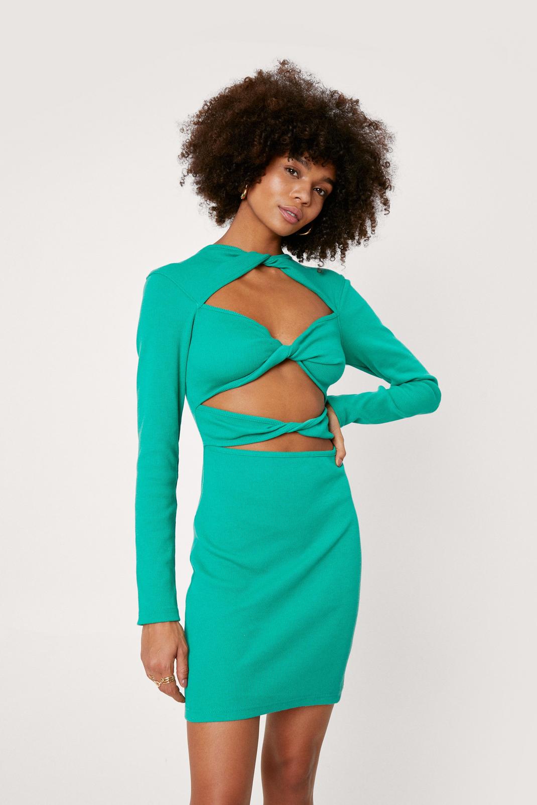 Green Twist Front Long Sleeved Bodycon Mini Dress image number 1