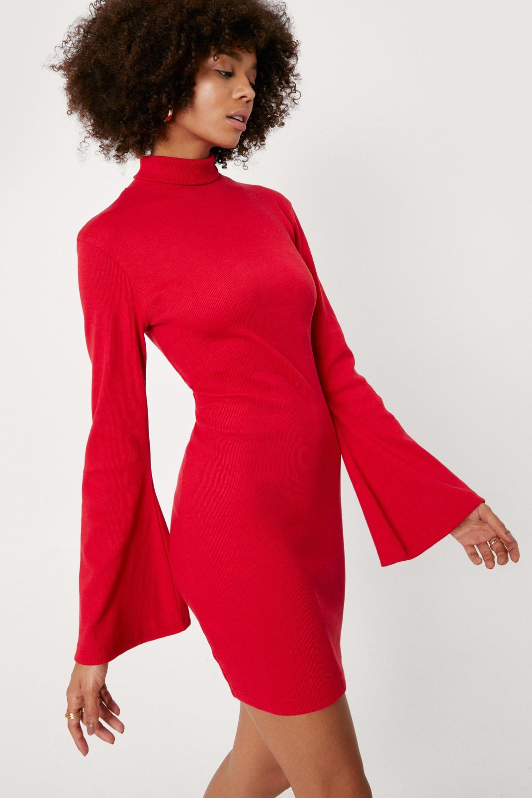 Red High Neck Flared Sleeve Jersey Bodycon Mini Dress image number 1