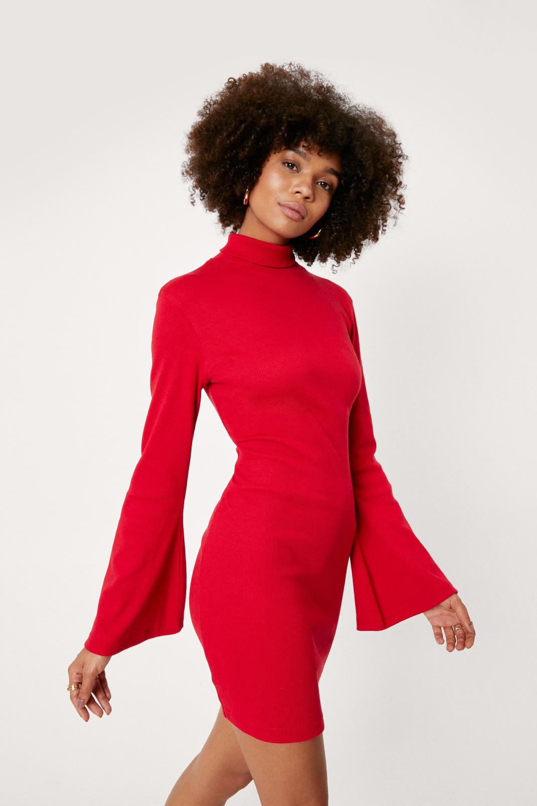 157 High Neck Flare Sleeve Jersey Bodycon Mini Dress image number 2