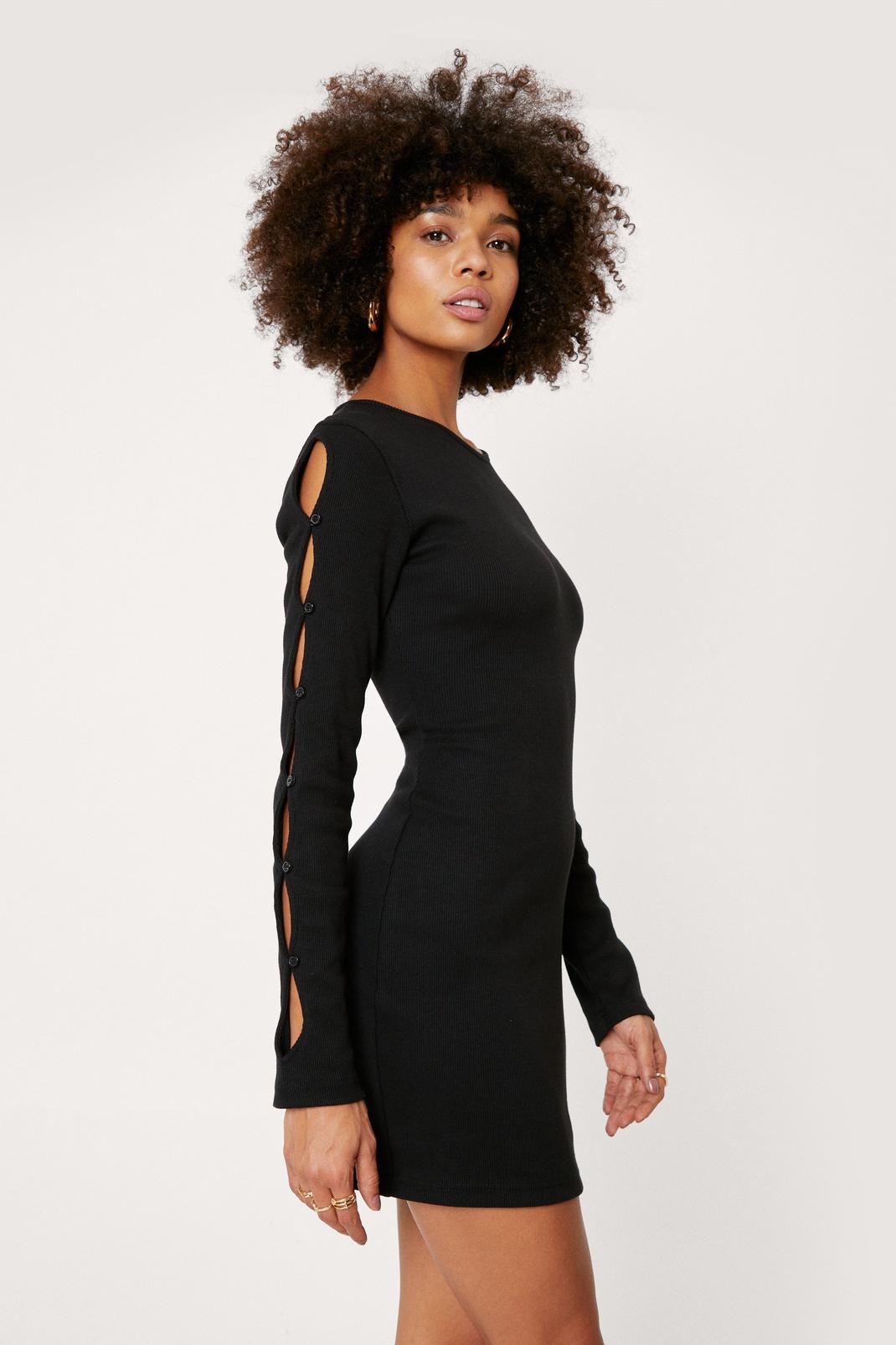 Black Ribbed Button Down Sleeve Bodycon Mini Dress image number 1
