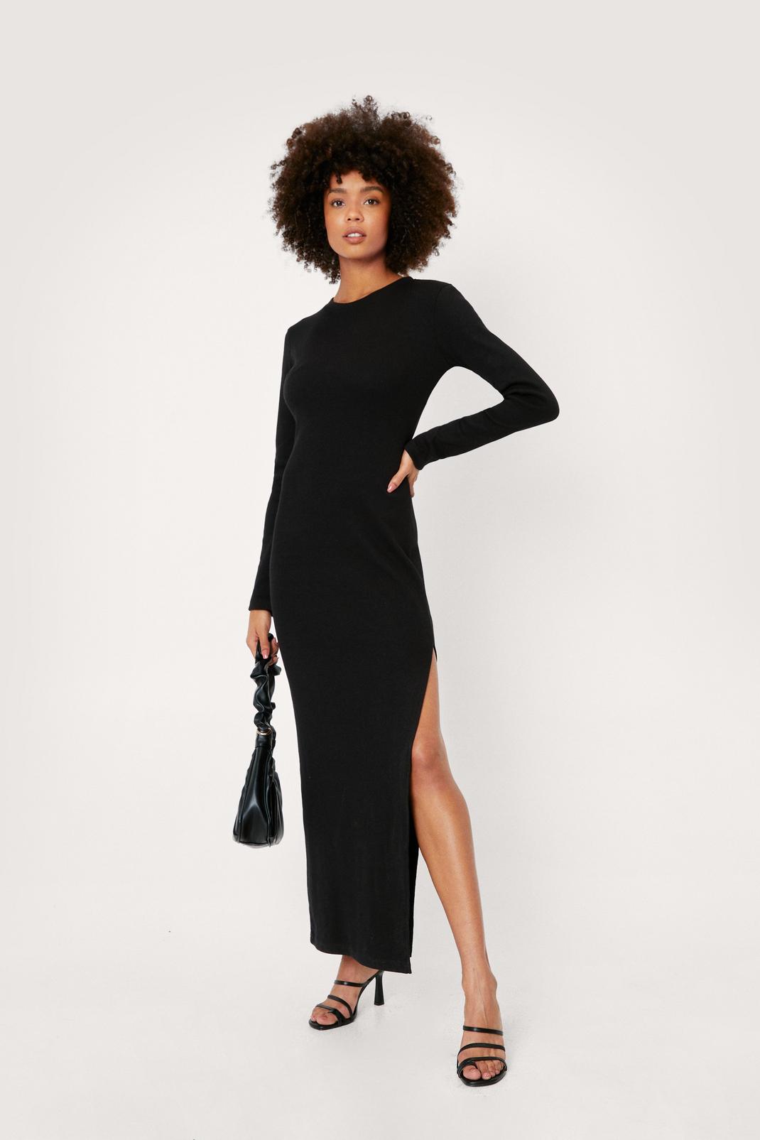 Black Ribbed Long Sleeved Bodycon Maxi Dress image number 1