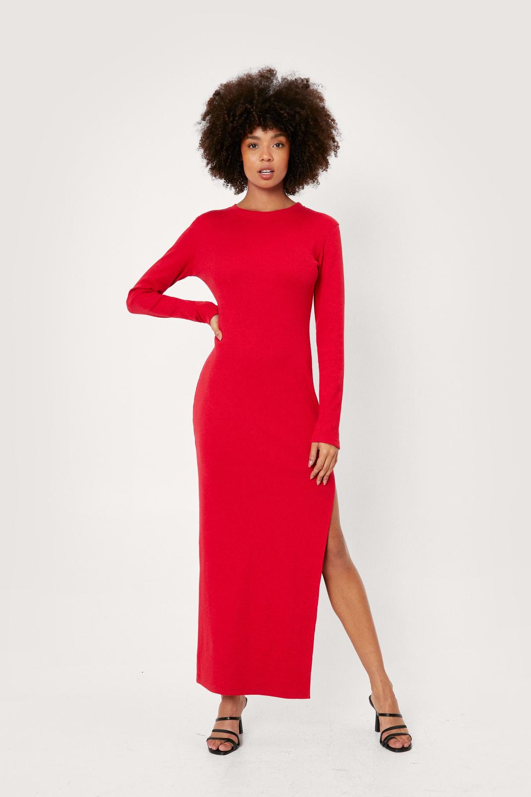 Red Ribbed Long Sleeved Bodycon Maxi Dress image number 1