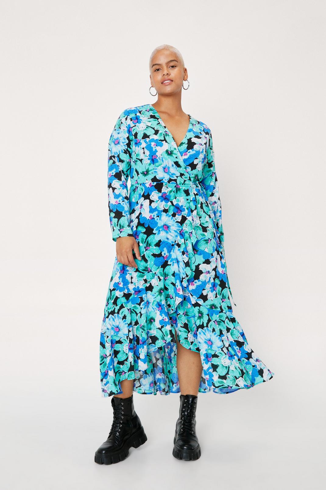 Blue Plus Size Floral Print Wrap Midi Dress image number 1