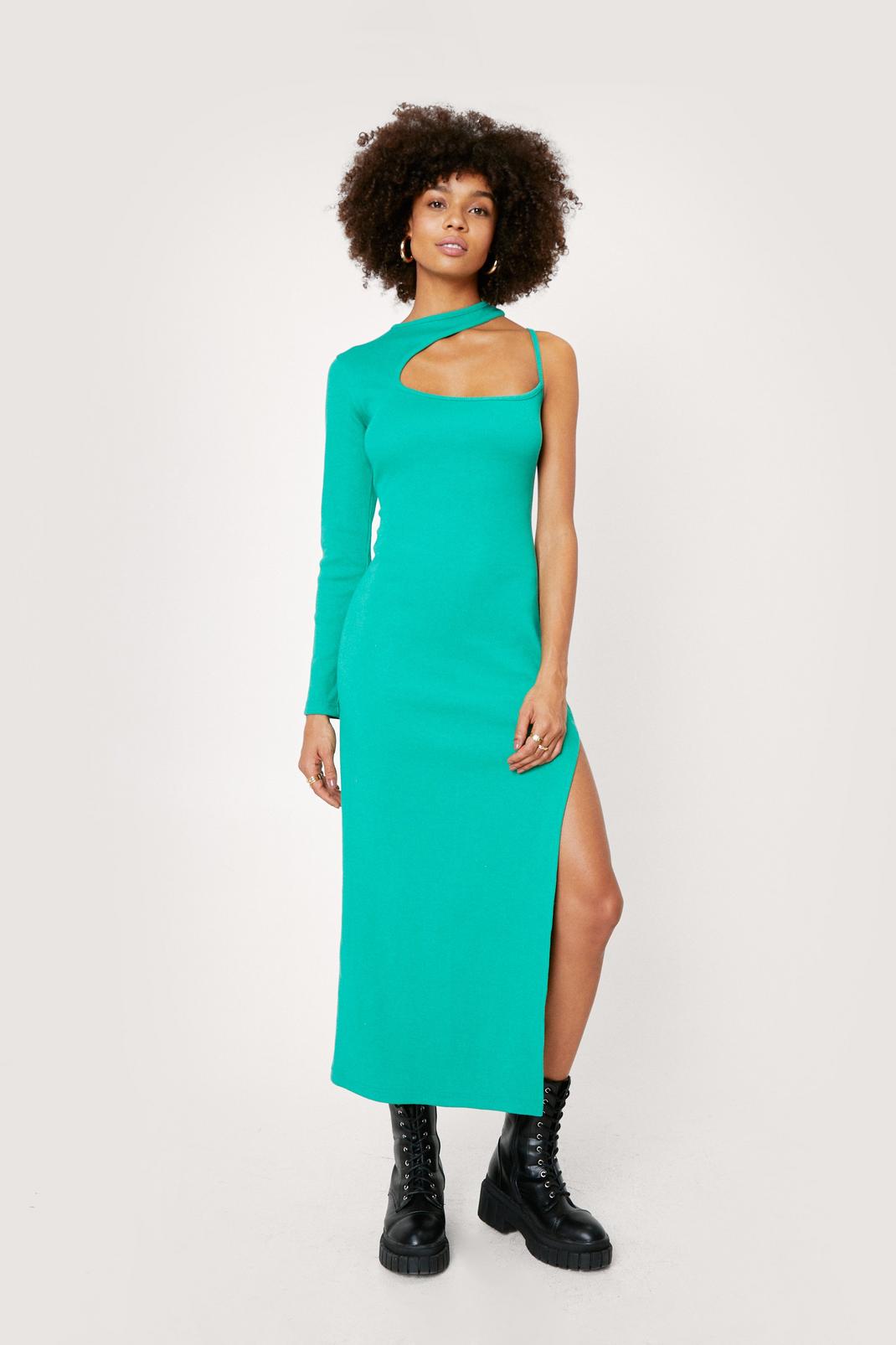 Green Ribbed Cut Out Neckline Bodycon Midaxi Dress image number 1