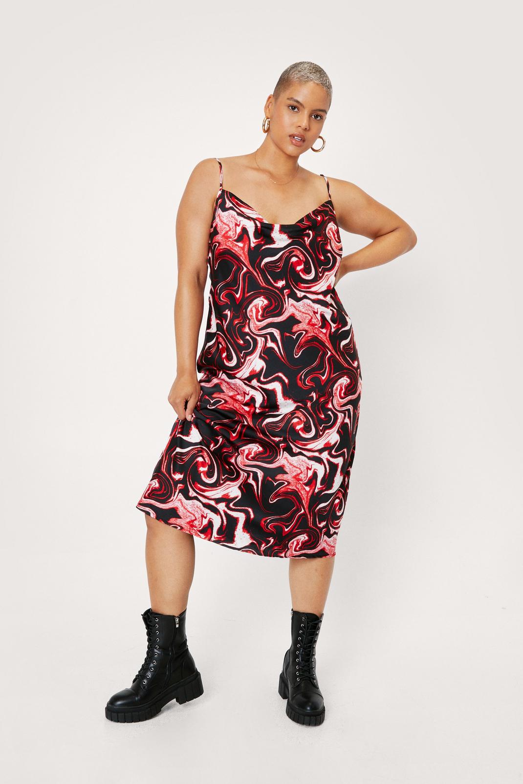 Red Plus Size Cowl Neck Marble Print Midi Dress image number 1