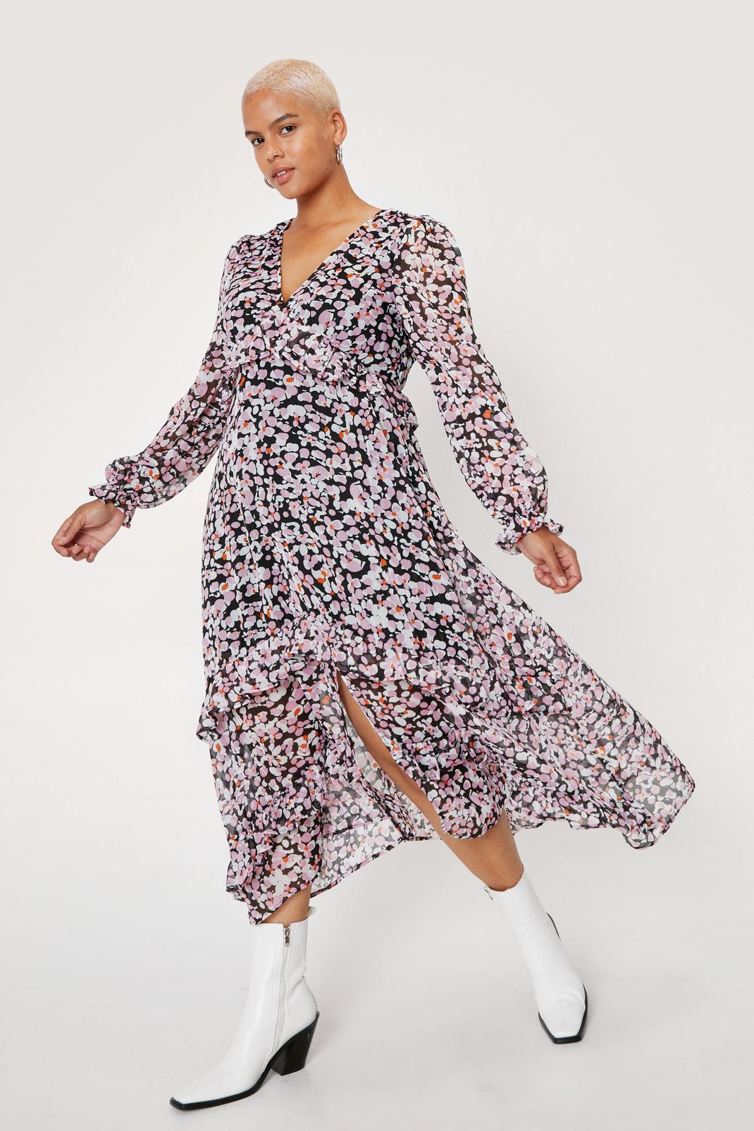 Black Plus Size Spot Print Ruffle Maxi Dress image number 1