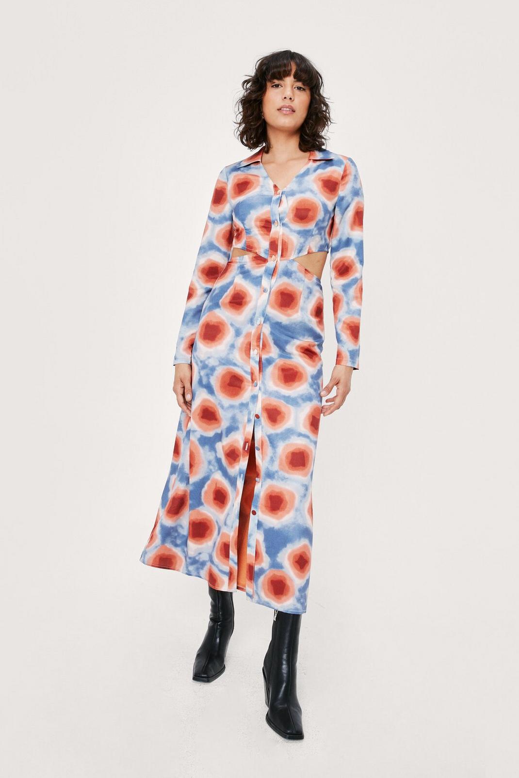 Abstract Blurred Print Cut Out Midi Shirt Dress image number 1