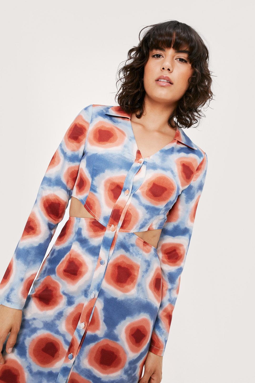 109 Abstract Blurred Print Cut Out Midi Shirt Dress image number 2