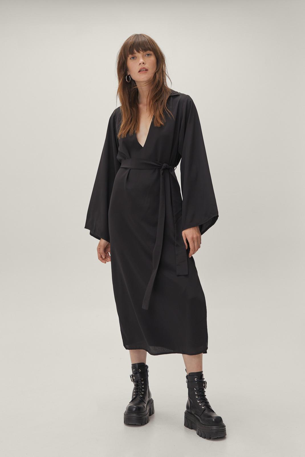Collared Plunging Belted Midi Shirt Dress | Nasty Gal