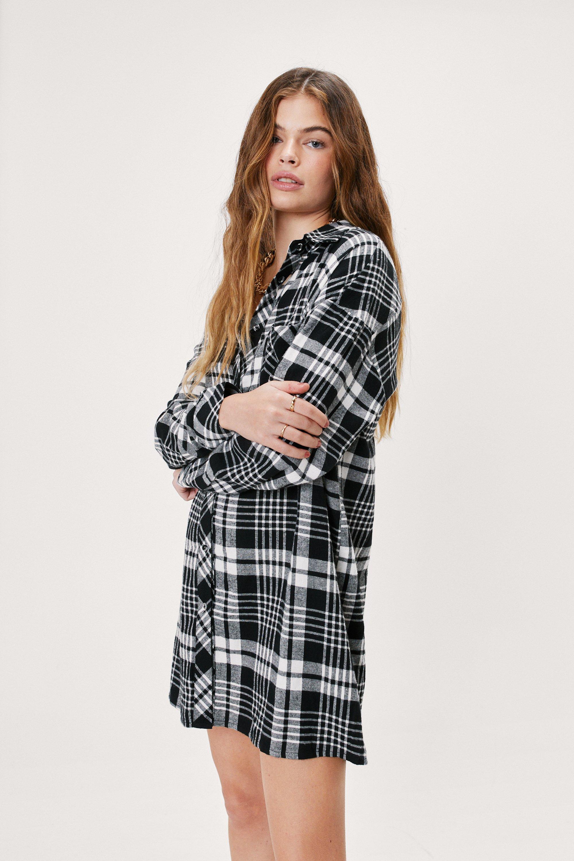 Brushed Check Design Oversized Shirt Dress