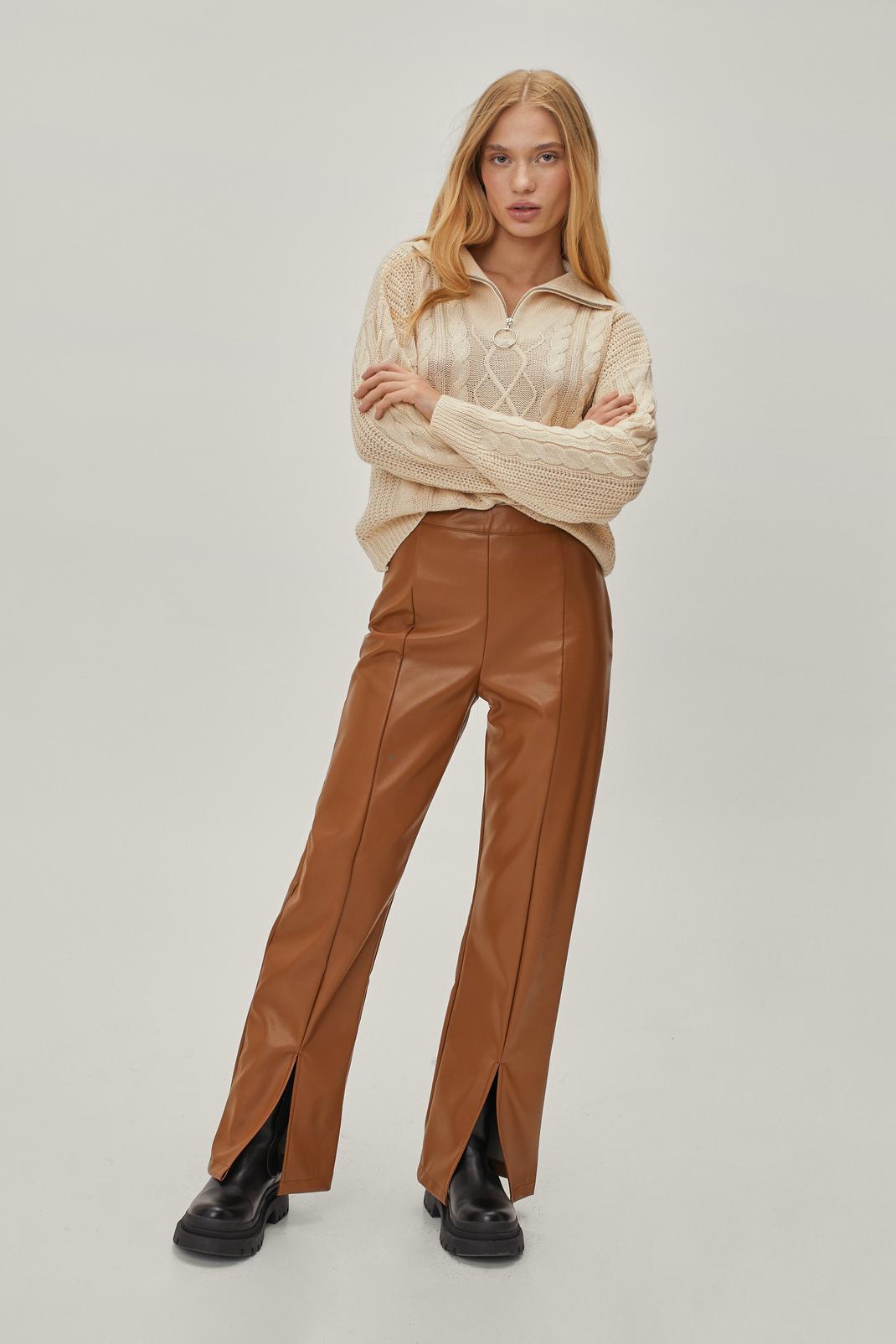 Petite - Pantalon ample en similicuir à fentes, Chocolate image number 1